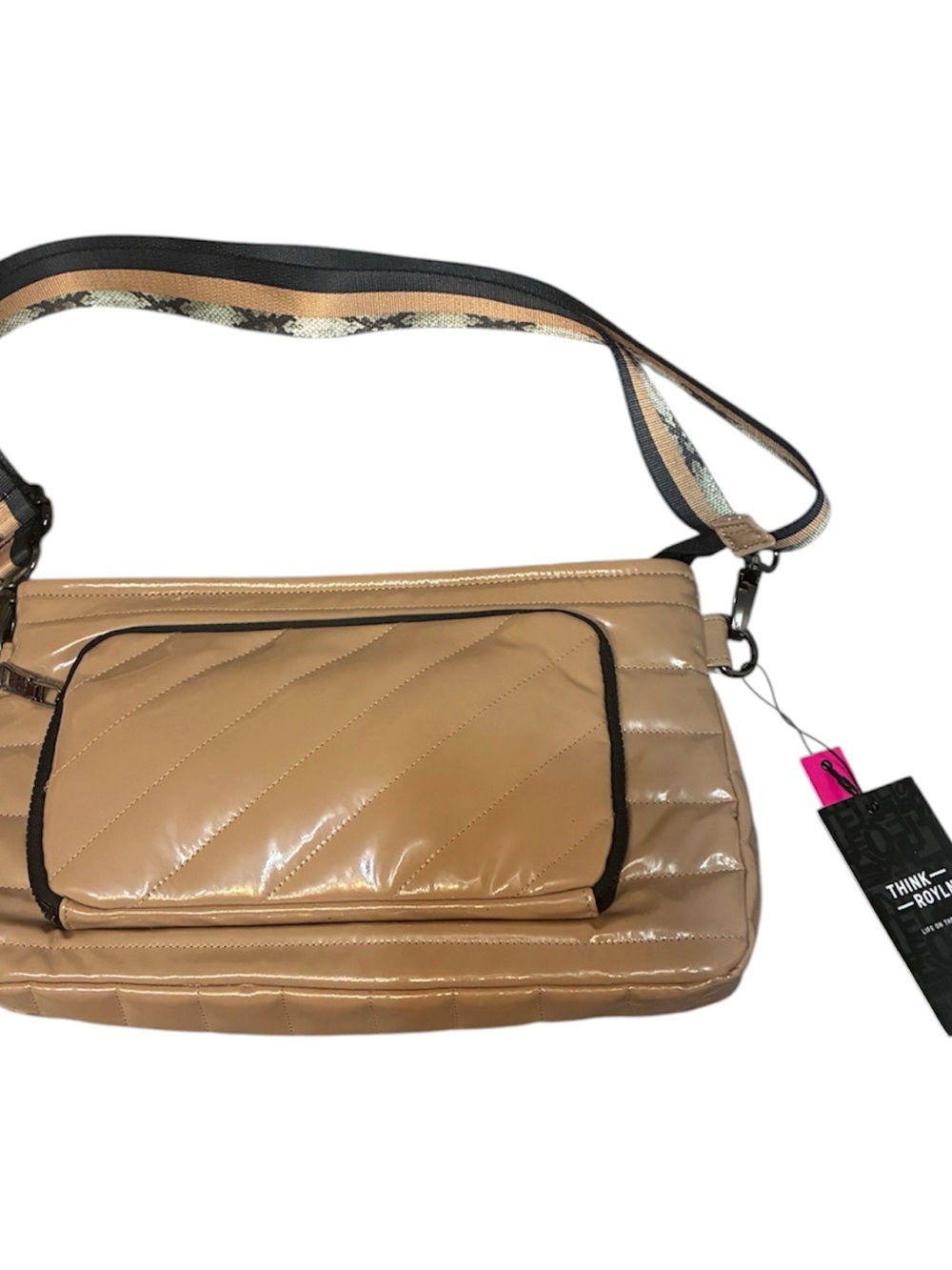 THINK ROYLN Quilted Patent Crossbody Bag - Beige with Black Trim